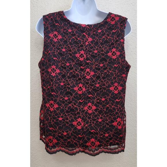 Red Black Lace Overlay Sleeveless Top Large 12 Lightweight Soft Scalloped Hem - Picture 3 of 4
